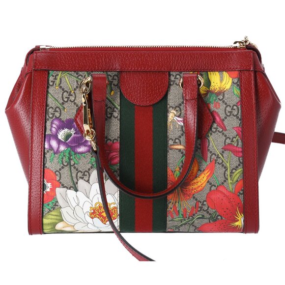 GUCCI Ophidia GG Flora Tote Bag 547551 Brown Red Multi PVC Leather - Picture 4 of 8